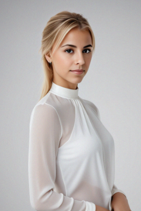 Blonde woman wearing a beautiful white shirt, headshot style image.